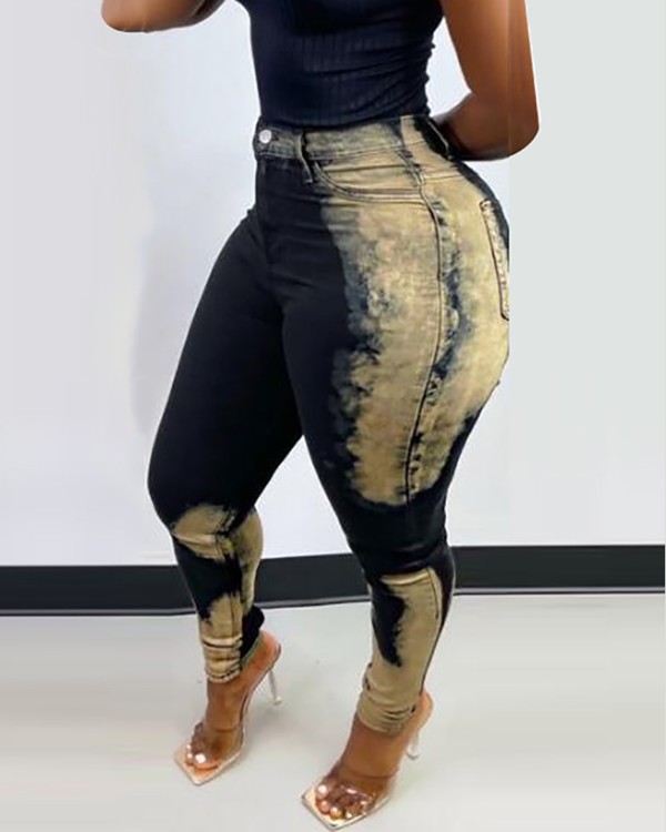 High Waist Colorblock Pocket Design Jeans