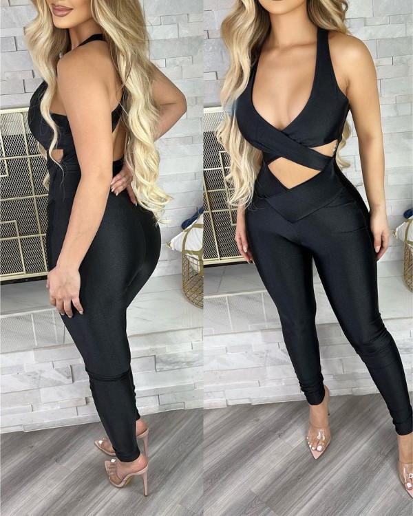 Crisscross Backless Cutout Skinny Jumpsuit