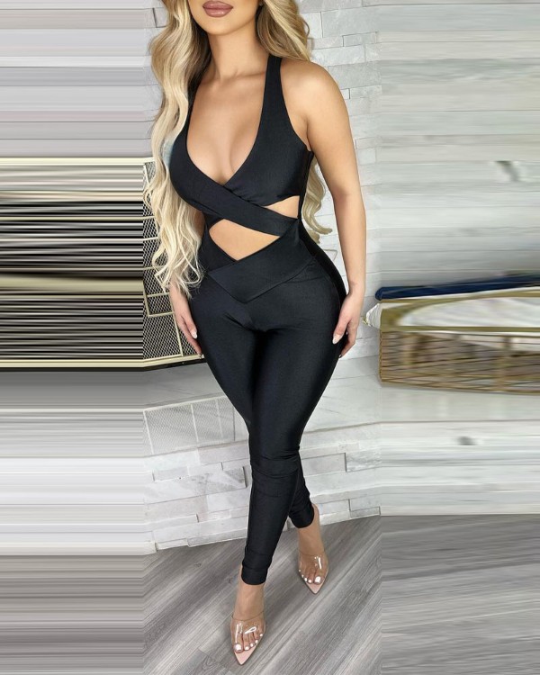Crisscross Backless Cutout Skinny Jumpsuit