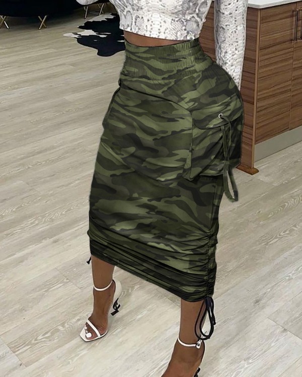 Camouflage Print Pocket Design Ruched Maxi Skirt