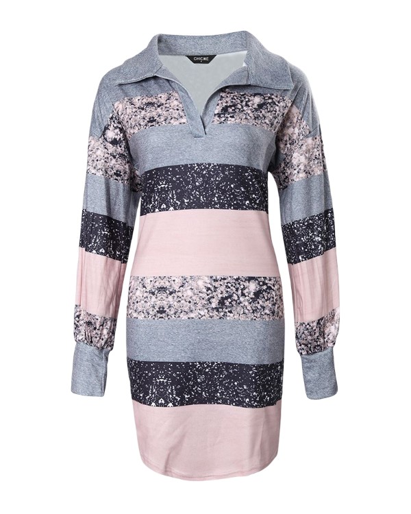 Colorblock Striped Print Lantern Sleeve Casual Dress