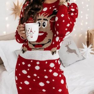 Christmas Cartoon Elk Pattern Long Sleeve Sweater Dress