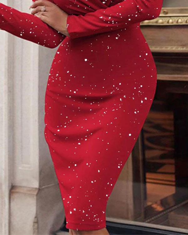 Glitter Ruched Long Sleeve Party Dress