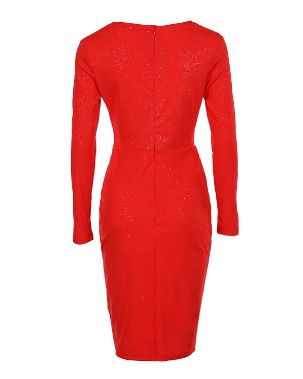 Glitter Ruched Long Sleeve Party Dress