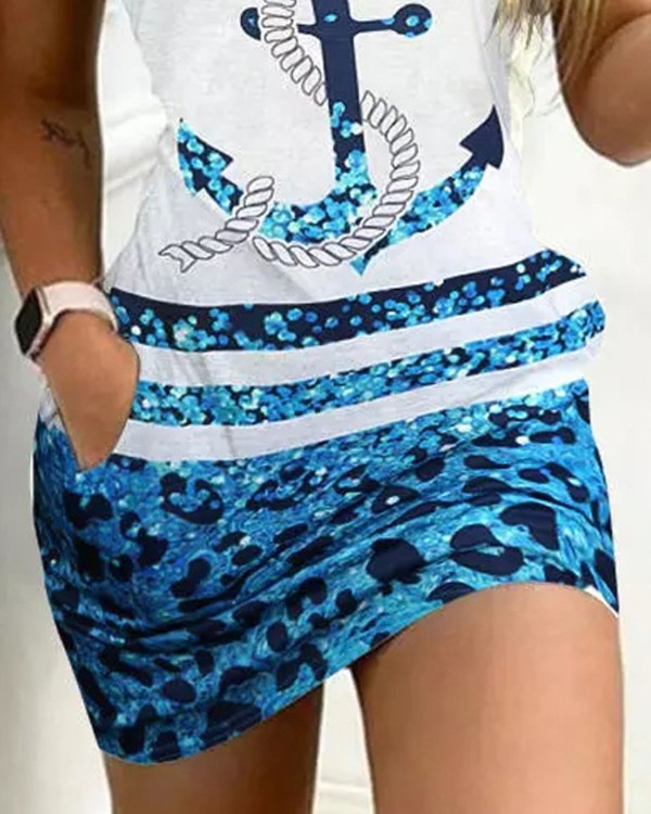Anchor Leopard Print V-Neck Casual Dress
