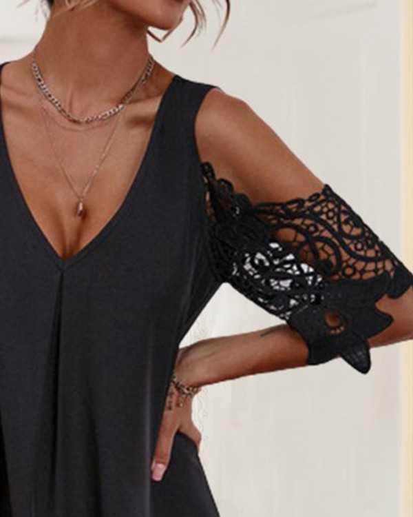Contrast Lace Cold Shoulder Casual Dress