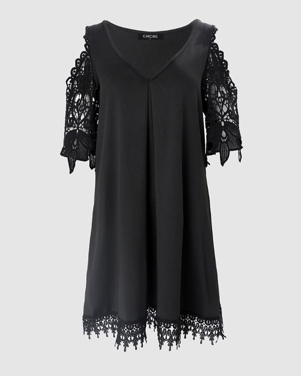 Contrast Lace Cold Shoulder Casual Dress