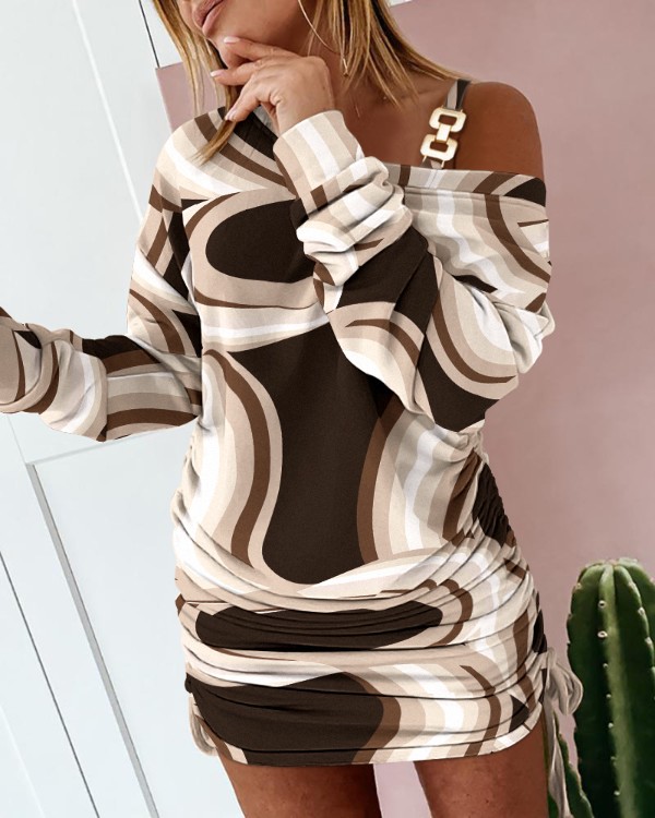 Marble Print Cold Shoulder Drawstring Long Sleeve Dress