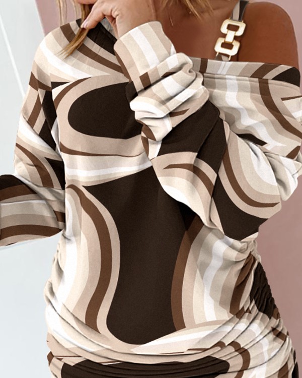 Marble Print Cold Shoulder Drawstring Long Sleeve Dress
