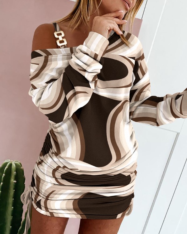 Marble Print Cold Shoulder Drawstring Long Sleeve Dress