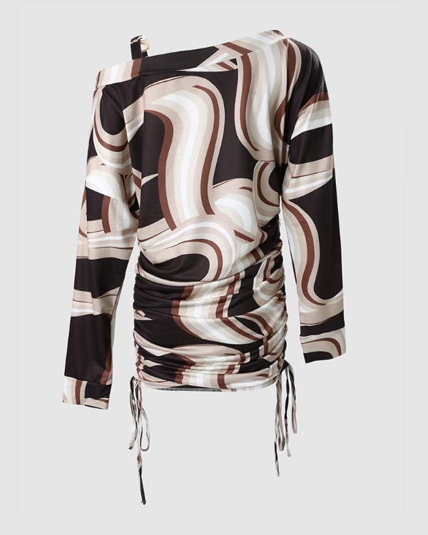 Marble Print Cold Shoulder Drawstring Long Sleeve Dress