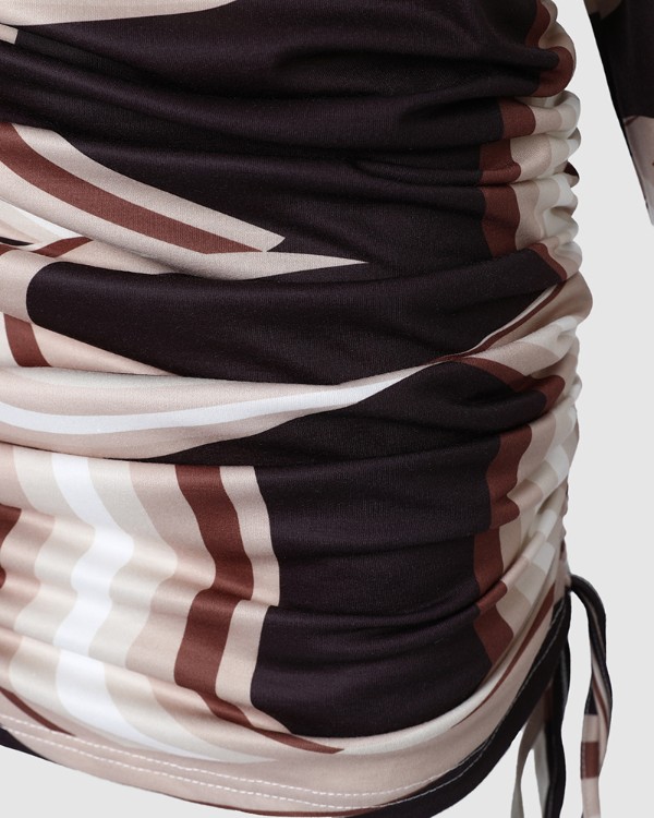 Marble Print Cold Shoulder Drawstring Long Sleeve Dress