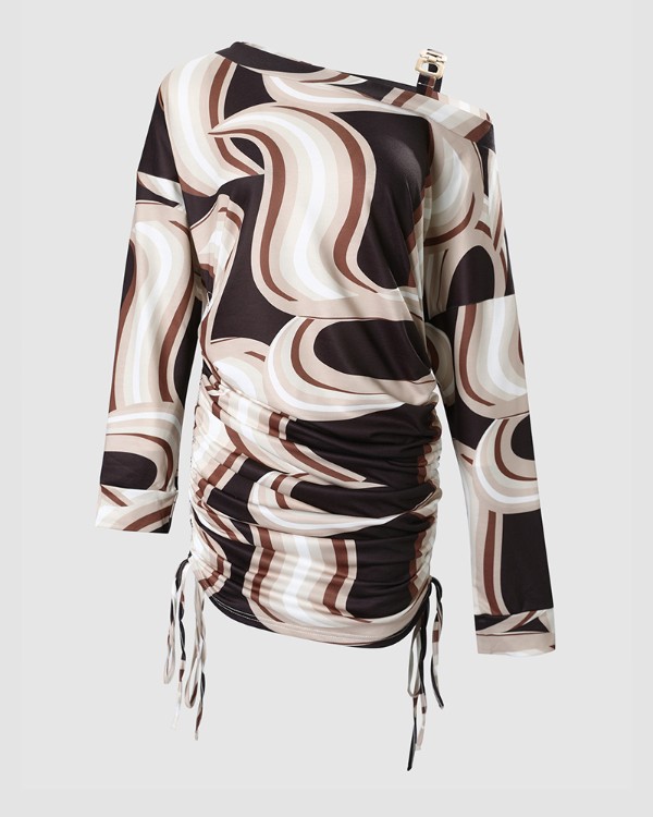 Marble Print Cold Shoulder Drawstring Long Sleeve Dress
