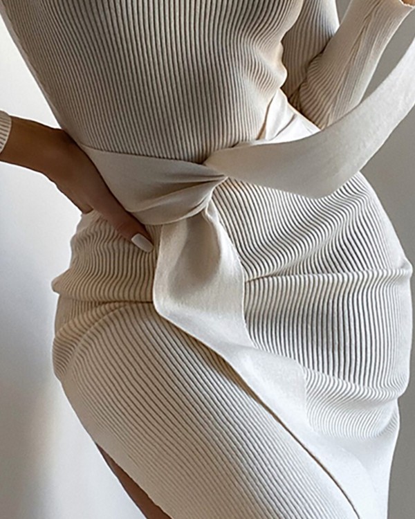 Knit Tied Detail Long Sleeve Bodycon Dress