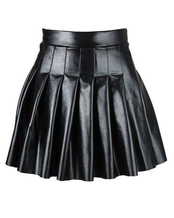 High Waist Pleated PU Leather Skirt