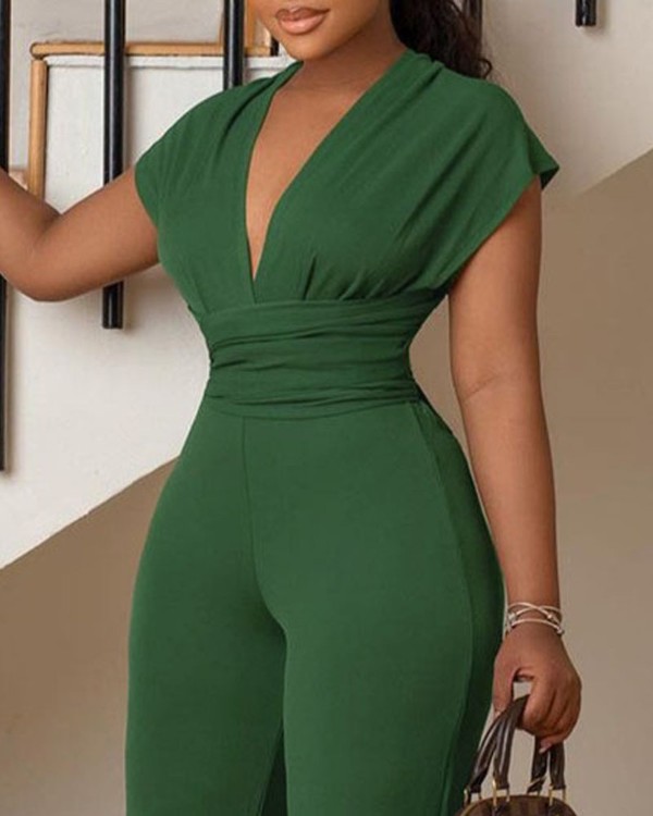 Criss Cross Tie Back Deep V-Neck Jumpsuit
