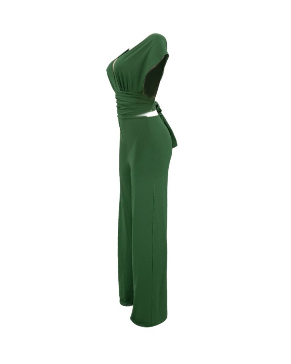 Criss Cross Tie Back Deep V-Neck Jumpsuit