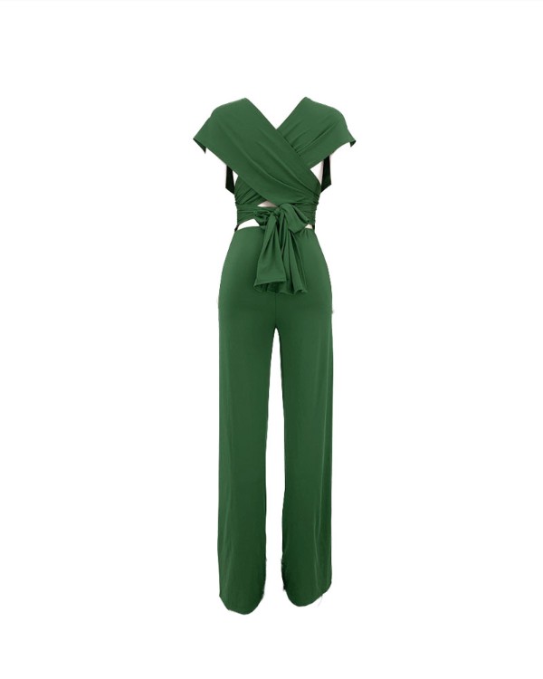 Criss Cross Tie Back Deep V-Neck Jumpsuit