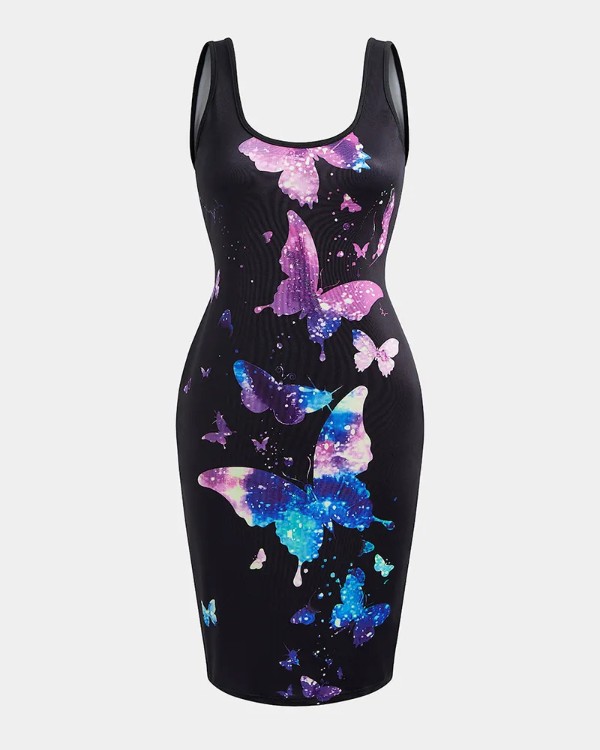 Butterfly Print Sleeveless Bodycon Dress