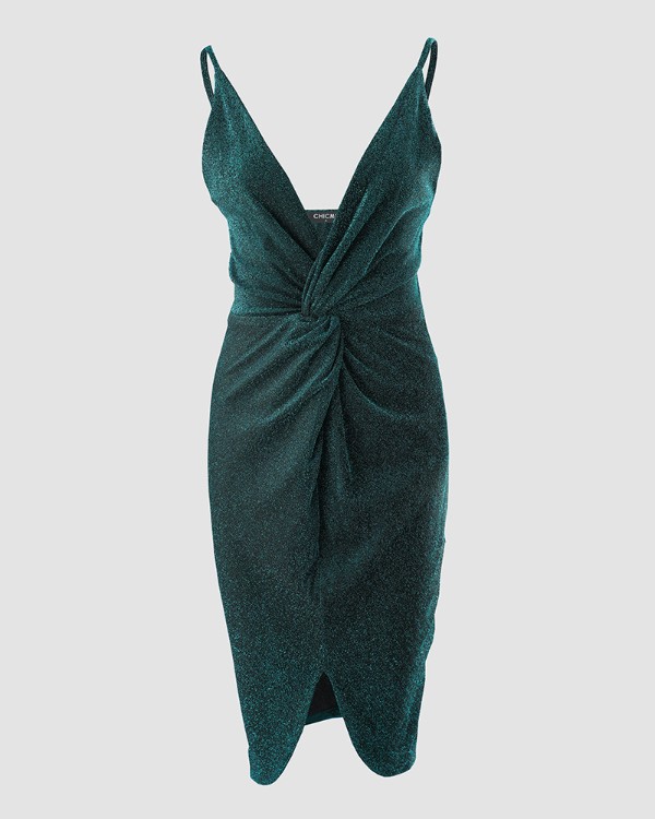 Deep V-Neck Twist Design Glitter Party Dress