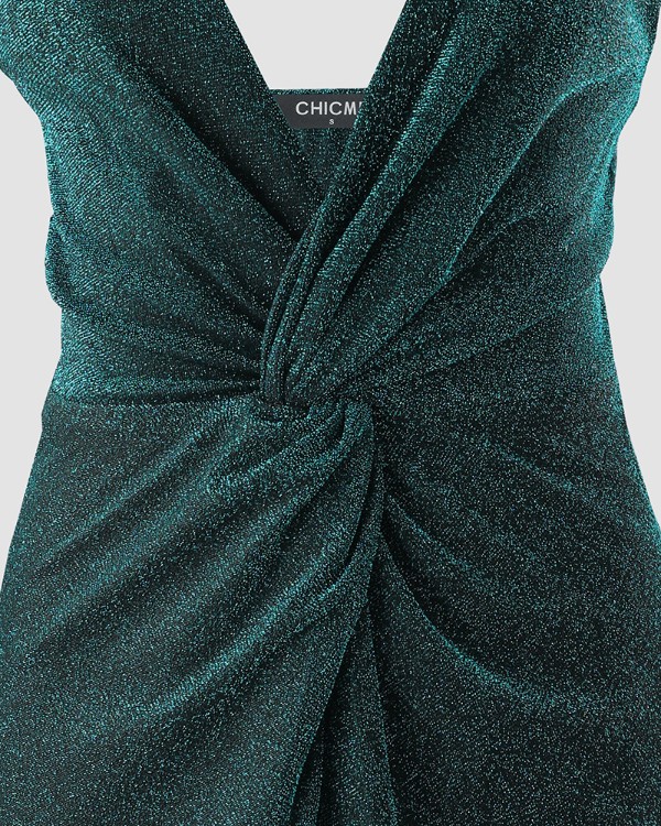 Deep V-Neck Twist Design Glitter Party Dress