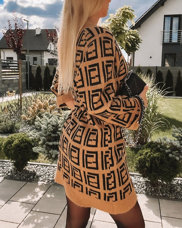 Geometric Print Long Sleeve Sweater Dress