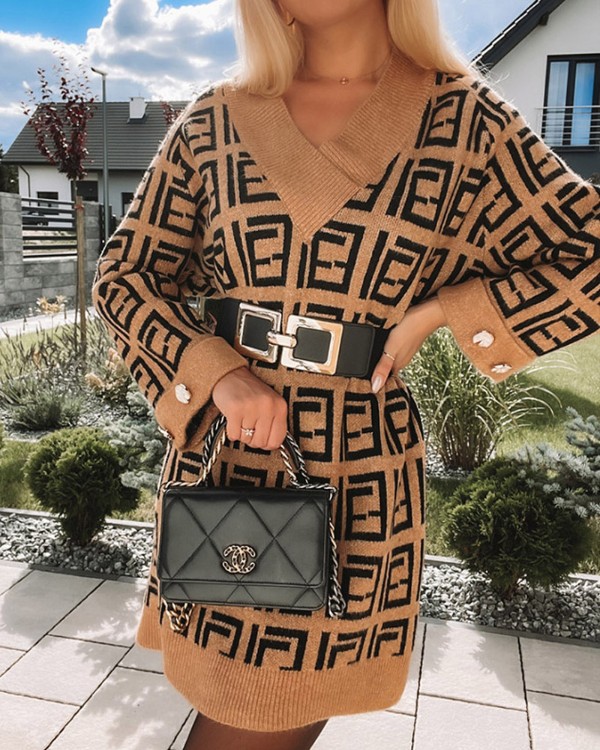 Geometric Print Long Sleeve Sweater Dress