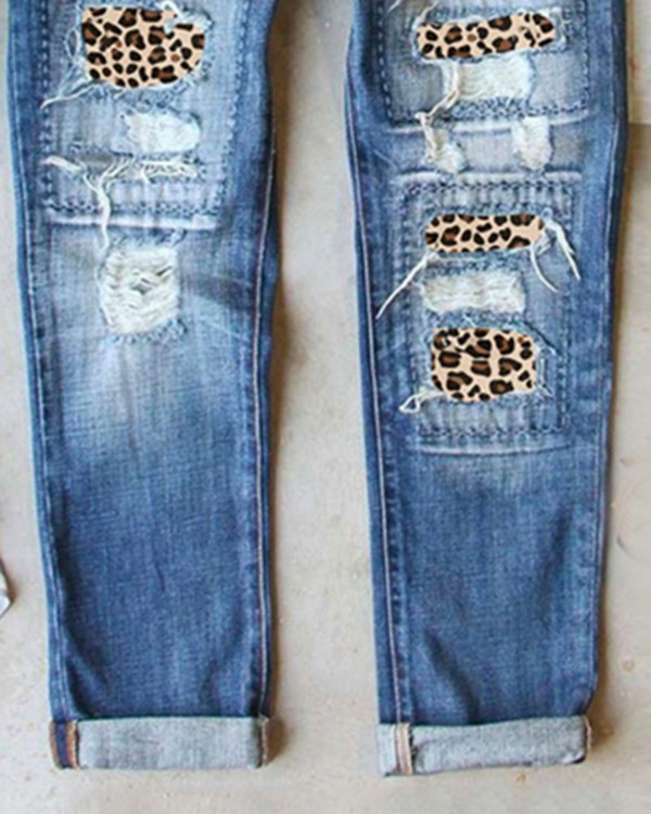 Cheetah Pattern Ripped High Waist Jeans