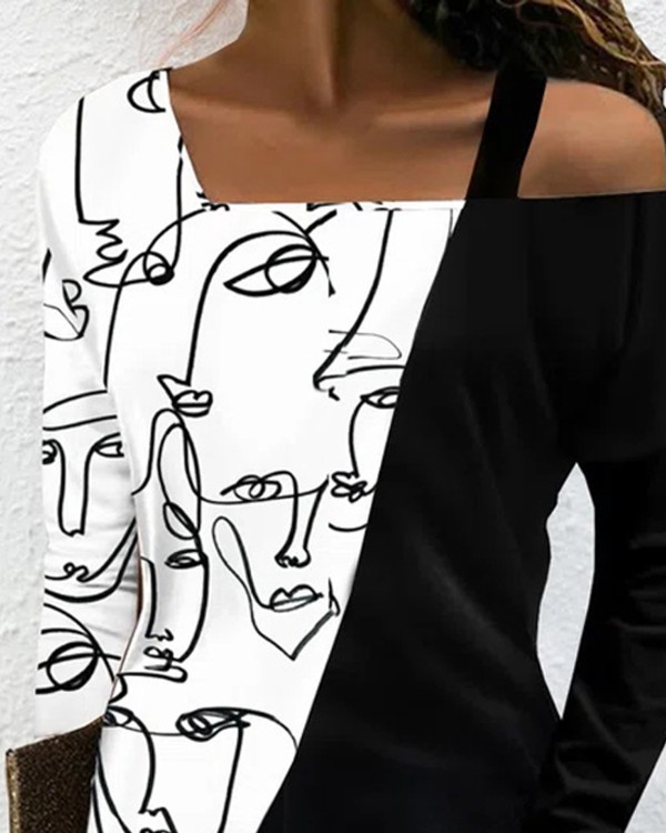 Abstract Figure Print Colorblock Cold Shoulder Casual Dress