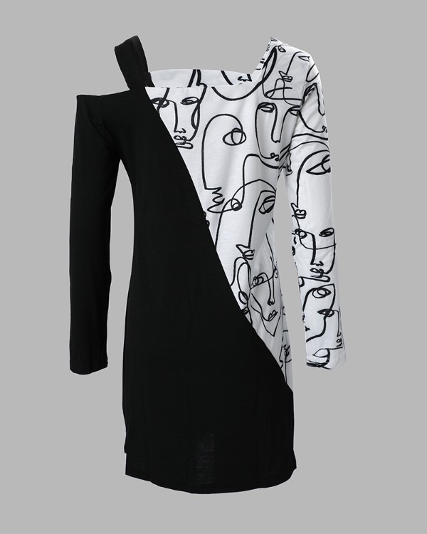 Abstract Figure Print Colorblock Cold Shoulder Casual Dress
