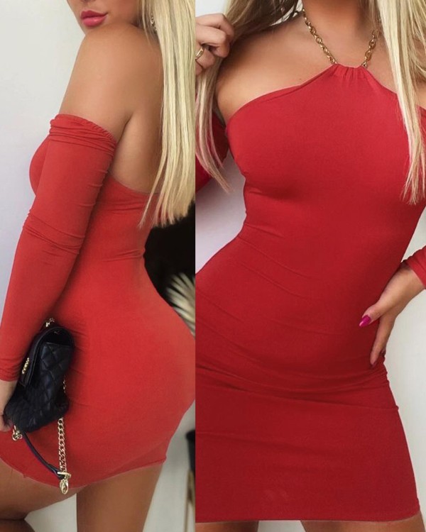 Chain Halter Long Sleeve Bodycon Dress