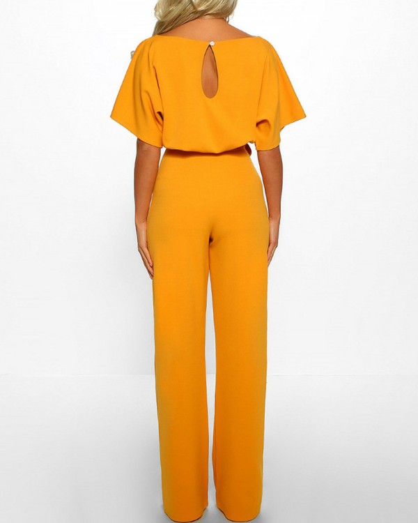 Batwing Sleeve Keyhole Back Belted Jumpsuit