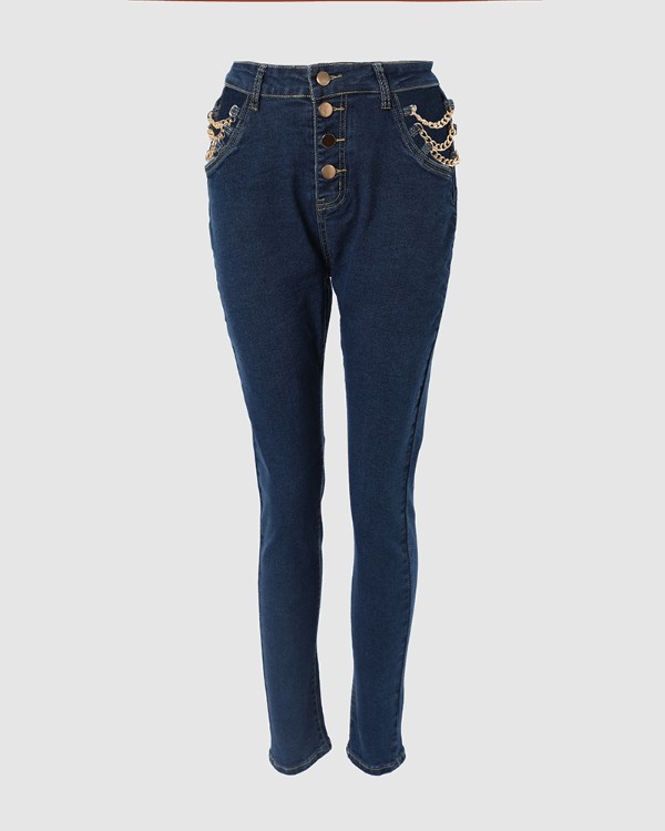 Chain Decor Cutout Button Fly Skinny Jeans