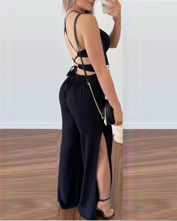 Criss Cross Backless Split Hem Jumpsuit