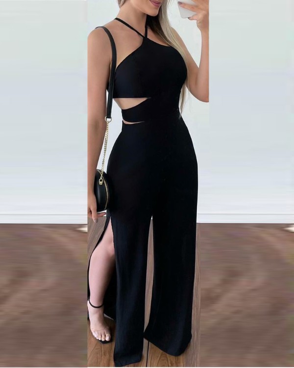 Criss Cross Backless Split Hem Jumpsuit