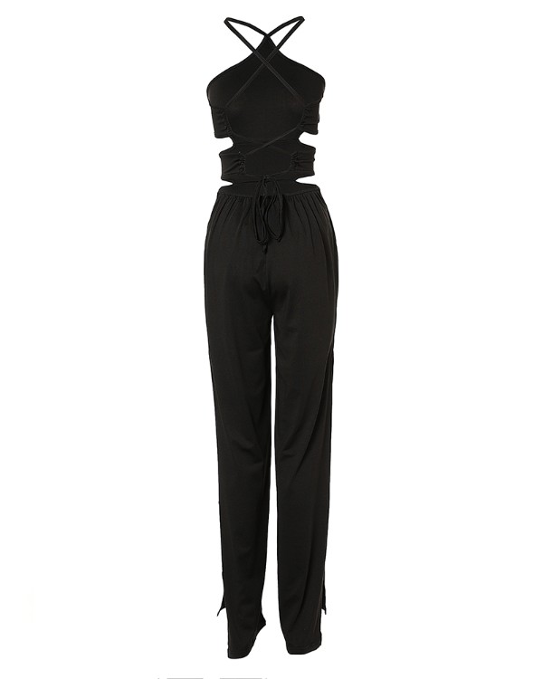 Criss Cross Backless Split Hem Jumpsuit