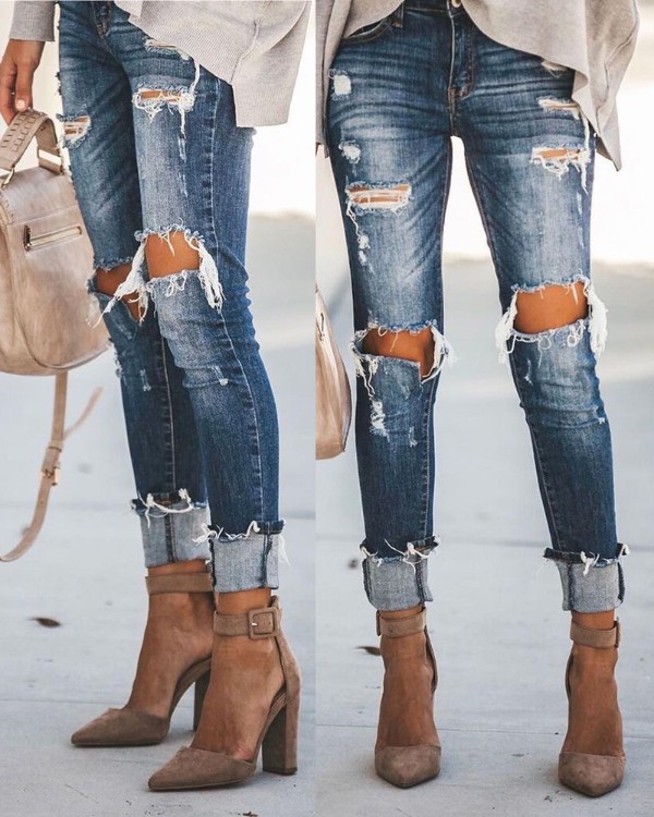 High Waist Ripped Cutout Jeans