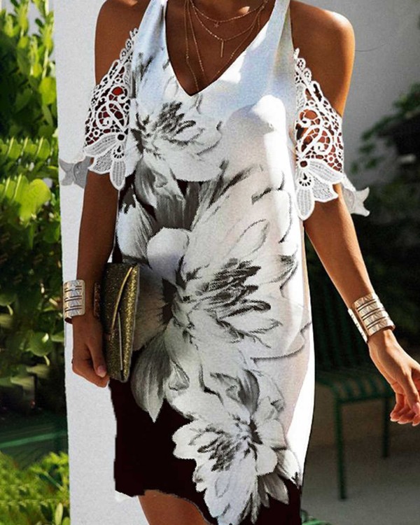 Colorblock Floral Print Guipure Lace Casual Dress
