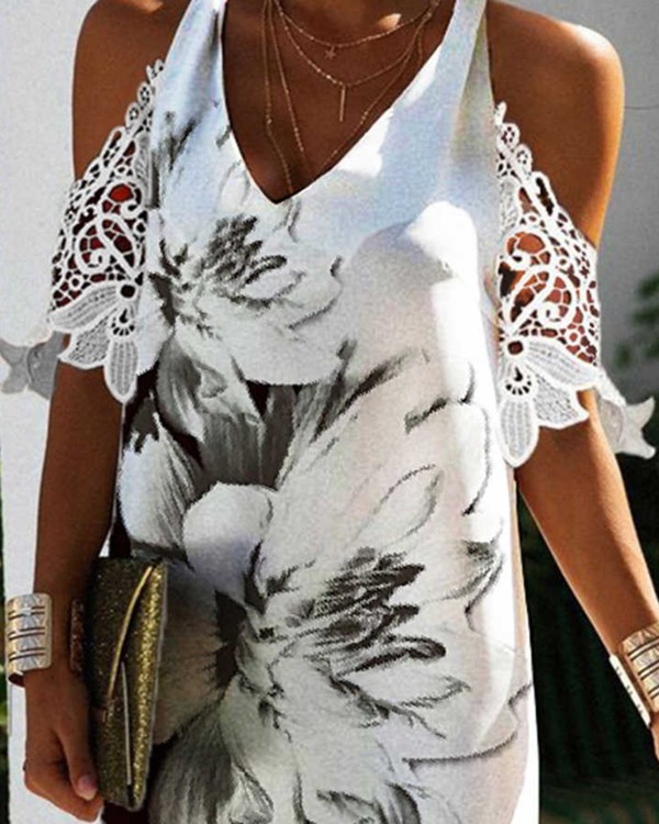 Colorblock Floral Print Guipure Lace Casual Dress
