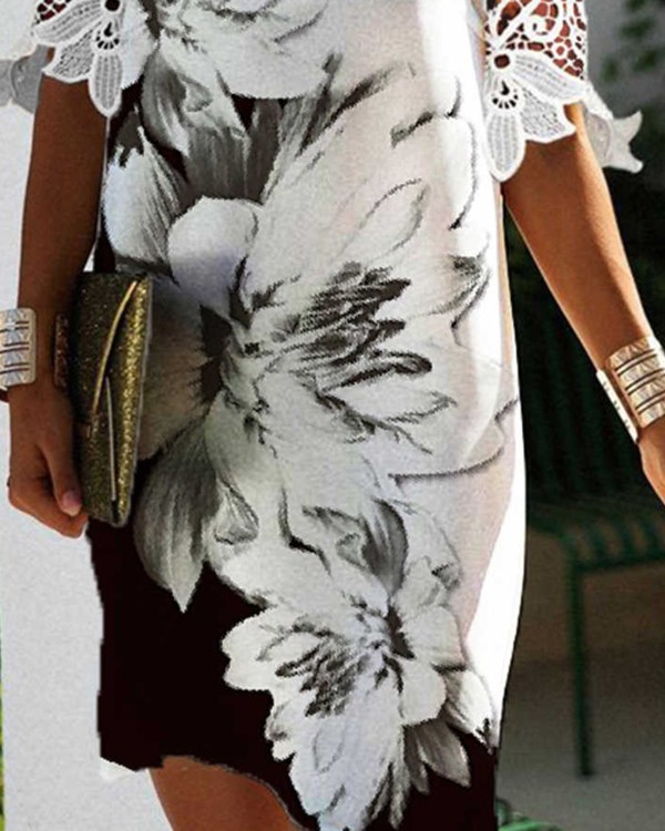 Colorblock Floral Print Guipure Lace Casual Dress