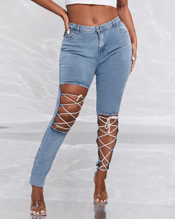 Lace-up Cutout Single Button High Waist Jeans