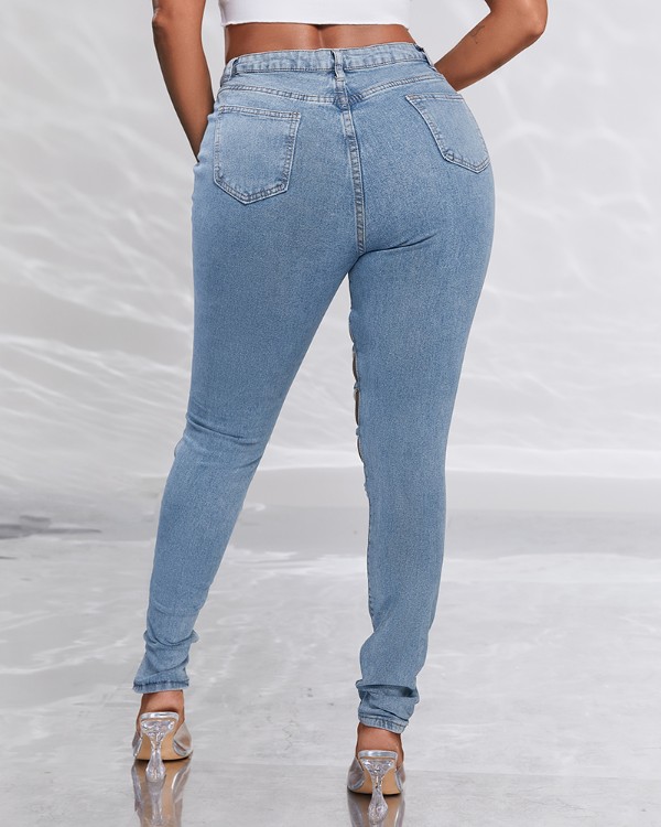 Lace-up Cutout Single Button High Waist Jeans