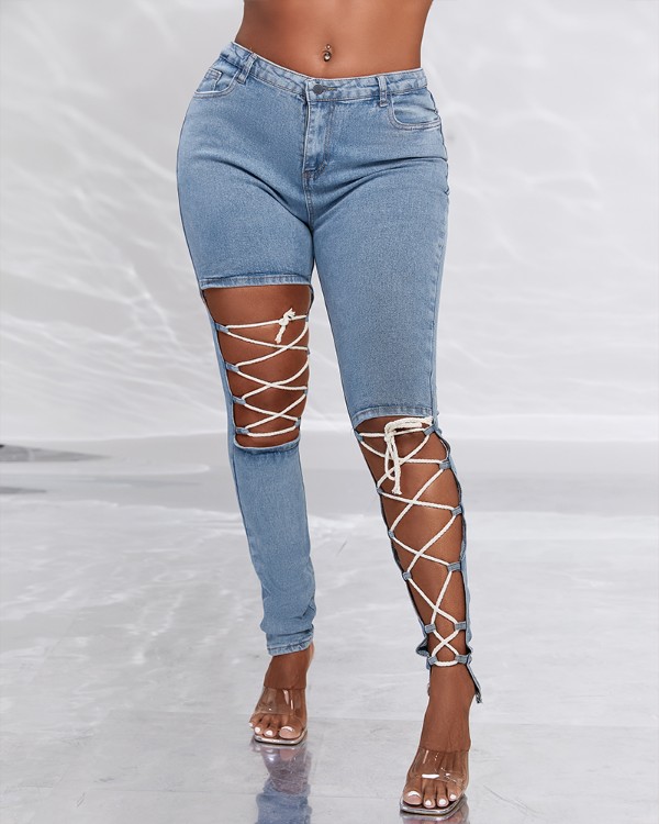 Lace-up Cutout Single Button High Waist Jeans