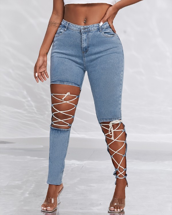 Lace-up Cutout Single Button High Waist Jeans