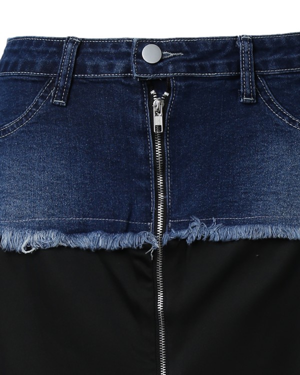 Denim Patch Zipper Design Maxi Skirt