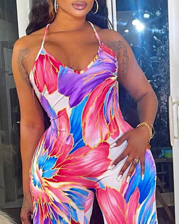 Floral Print Halter Wide Leg Jumpsuit