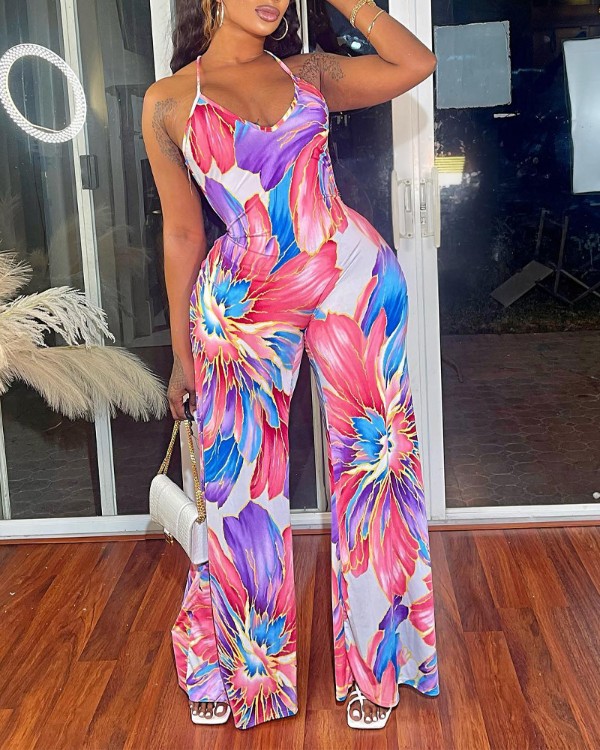Floral Print Halter Wide Leg Jumpsuit