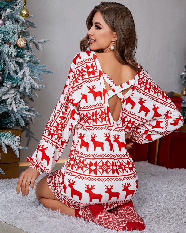 Christmas Fair Isle Pattern Print Crisscross Backless Casual Dress