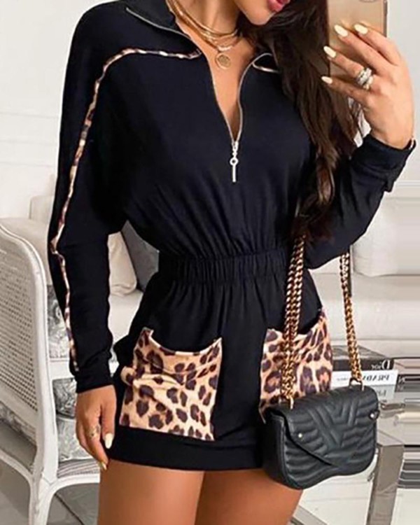 Cheetah Print Colorblock Pocket Design Casual Dress