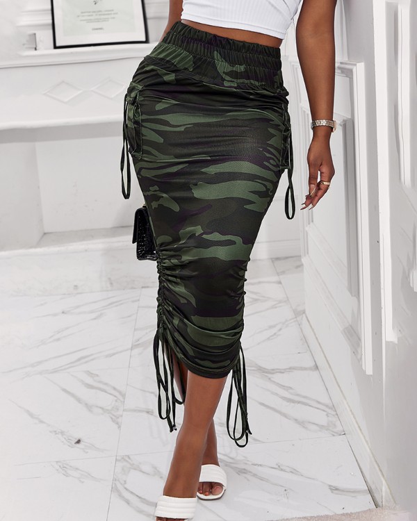 Camouflage Print Pocket Design Ruched Maxi Skirt